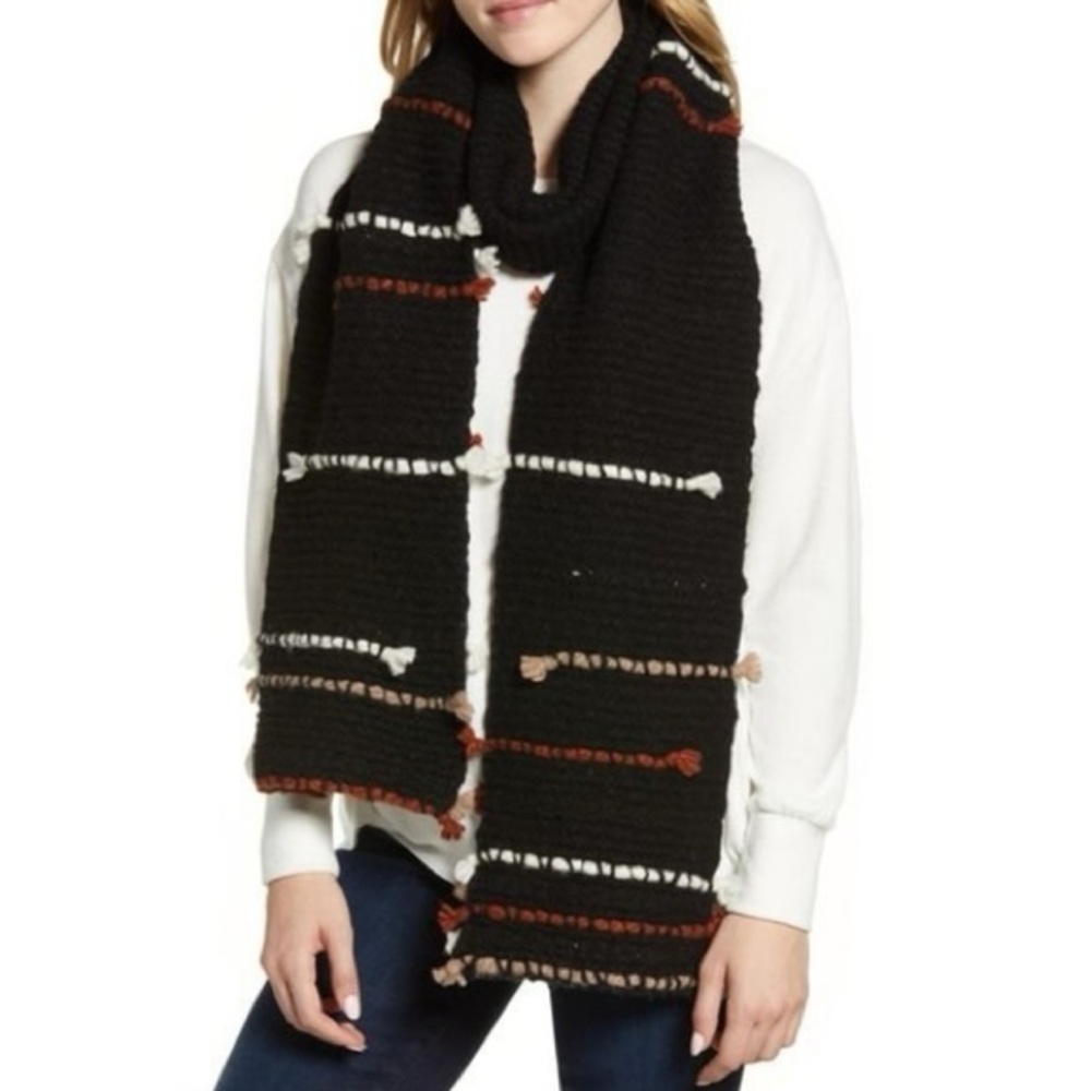 Frye Boho Black Broken Stripe Wool Blend 80” Woven Scarf Muffler Wrap NWT
